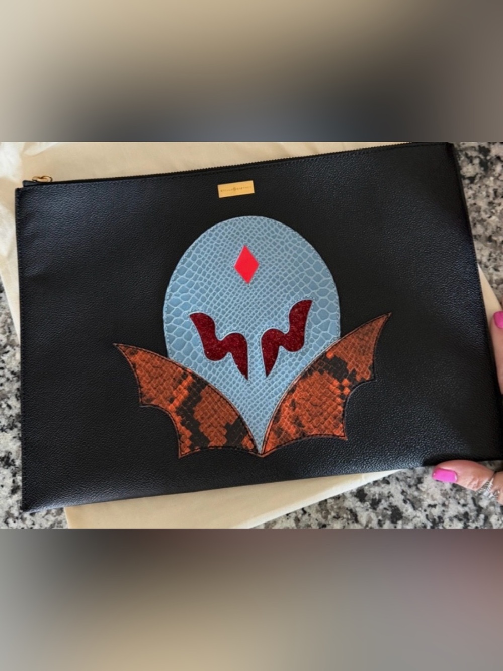 Stella McCartney Black Zip Pouch with Blue, Red and Brown Appliqué